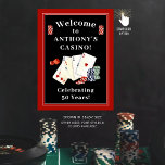 Casino Poker Birthday Party Personalized Welcome Poster<br><div class="desc">Personalized casino or poker party themed birthday party welcome poster sign featuring playing cards, dice and poker chips and custom text in black, red and white. ASSISTANCE: For help with design modification/personalization, color change, transferring the design to another product or if you would like coordinating items, contact the designer BEFORE...</div>