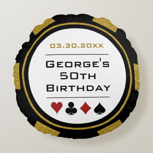 Casino Poker Chip Black and Gold Birthday Round Pillow