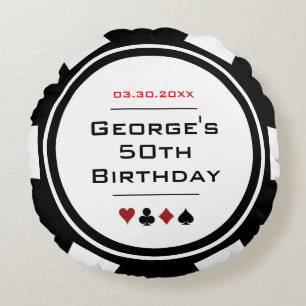 Casino Poker Chip Black and White Birthday Round Pillow