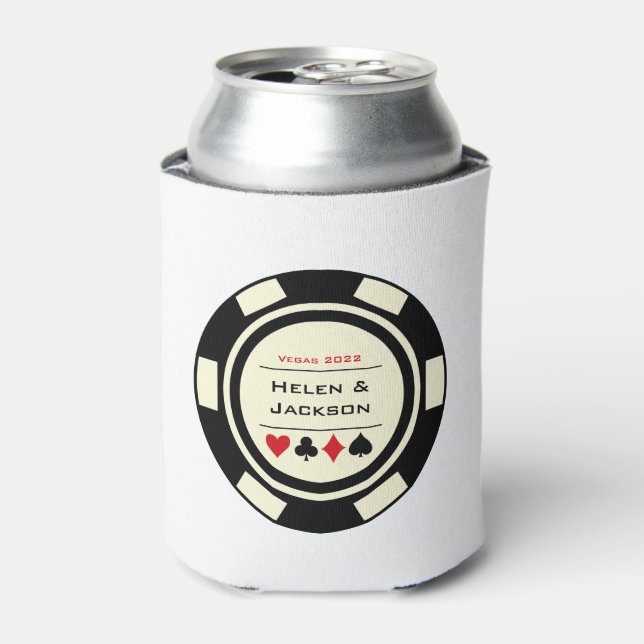 Casino Poker Chip Black Cream White Vegas Wedding Can Cooler (Can Front)