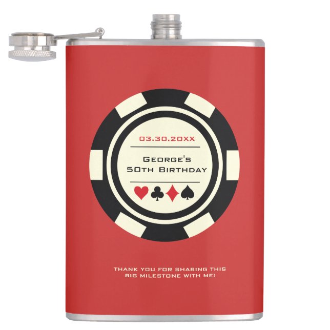 Casino Poker Chip Black Off-White on Red Birthday Flask (Opened)