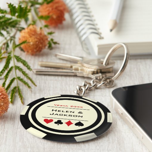 Casino Poker Chip Black OffWhite Wedding Favor Keychain Zazzle