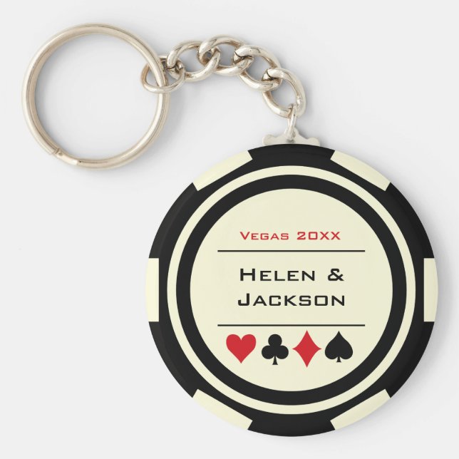 Casino Poker Chip Black Off-White Wedding Favor Keychain (Front)
