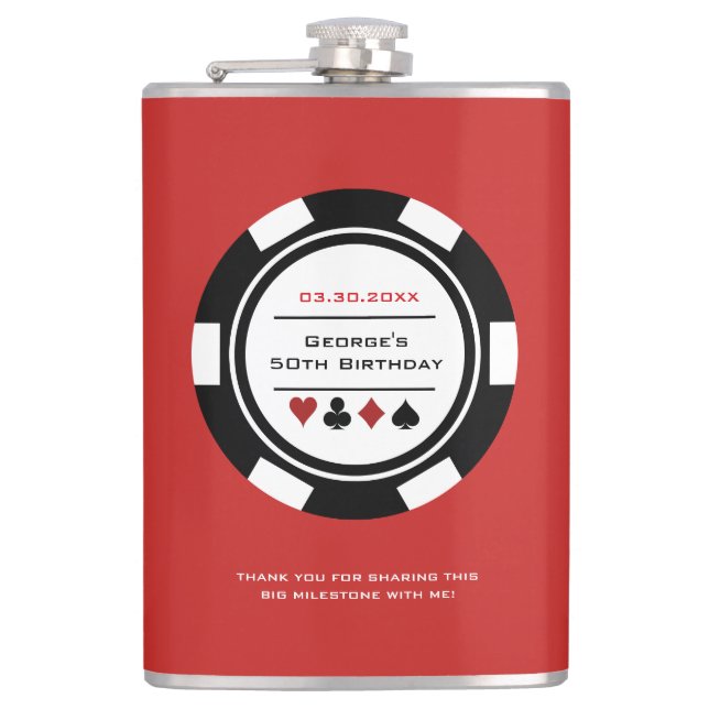 Casino Poker Chip Black Red and White Birthday Flask (Front)