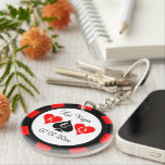 Casino poker chip coin custom photo keychain<br><div class="desc">Casino poker chip coin custom photo keychain. Trendy party favor for Vegas wedding party.
Round marker with monogram of bride and groom. Upload your own photo on the back.
Gambling theme token key chain design with hearts and space logo.</div>