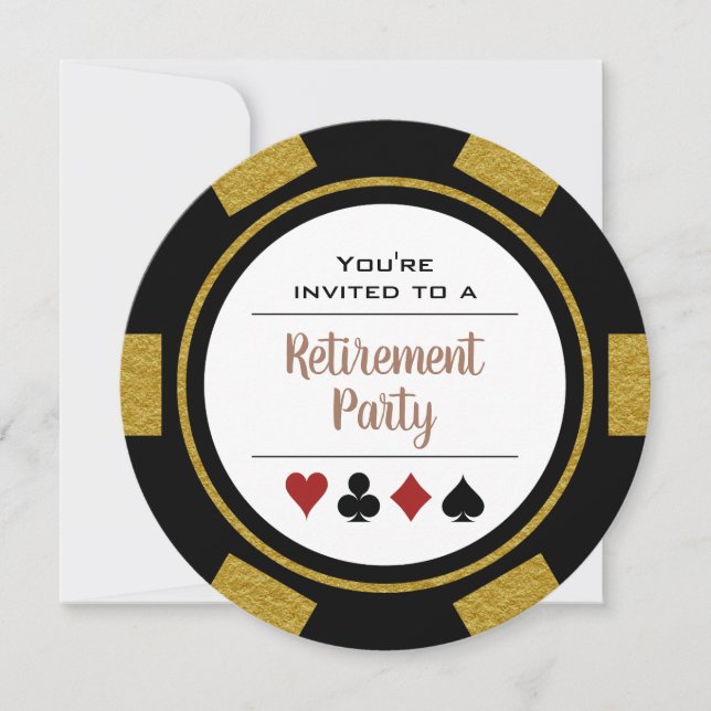 Casino Poker Chip Gold Black Retirement Party Invitation (Front)