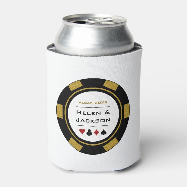 Casino Poker Chip Gold Black White Vegas Wedding Can Cooler (Can Front)