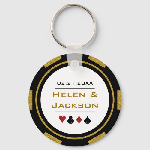 Casino Poker Chip Gold Black White Wedding Favor Keychain