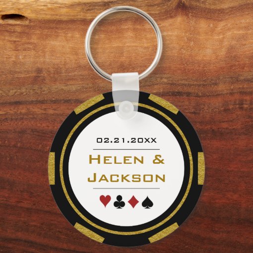 Casino Poker Chip Gold Black White Wedding Favor Keychain Zazzle