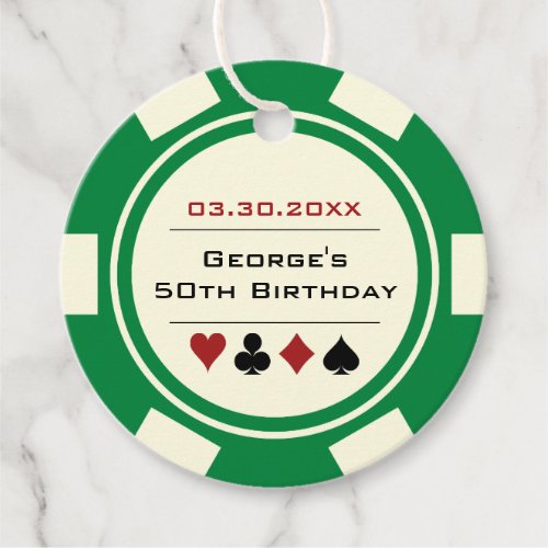 Casino Poker Chip Green and Cream White Birthday Favor Tags