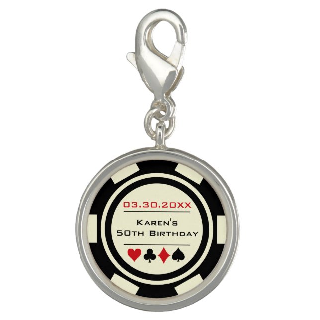 Casino Poker Chip in Black and Off White Birthday Charm (Front)