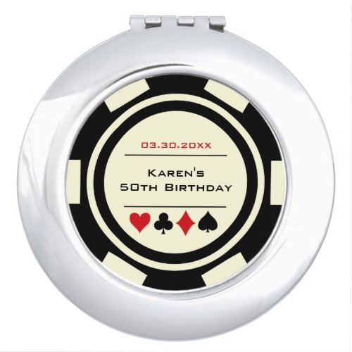 Casino Poker Chip in Black and Off White Birthday Compact Mirror