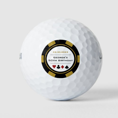 Casino Poker Chip in Gold Black and White Birthday Golf Balls