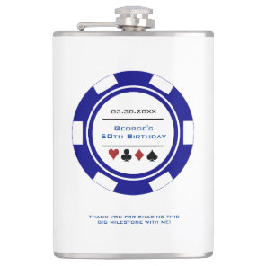 Casino Poker Chip Navy Blue White Birthday Flask