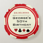 Casino Poker Chip Red and Cream Birthday Round Pillow<br><div class="desc">This sweet red,  black,  and cream poker chip round throw pillow would look fantastic on the sofa in the man cave. Celebrate this milestone birthday in style!</div>