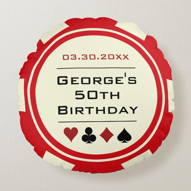 Casino Poker Chip Red and Cream Birthday Round Pillow (Front)