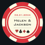 Casino Poker Chip Red and Off White Wedding Classic Round Sticker<br><div class="desc">Getting married in Las Vegas or another fun casino town? These red and white glossy stickers would make a perfect addition to a favor box,  envelope,  candy buffet and more.</div>