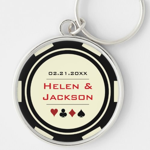 Casino Poker Chip Red Black Cream Wedding Favor Keychain
