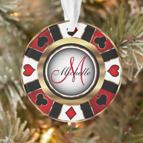 Casino Poker Monogram Chip _ Red and Gold Ornament