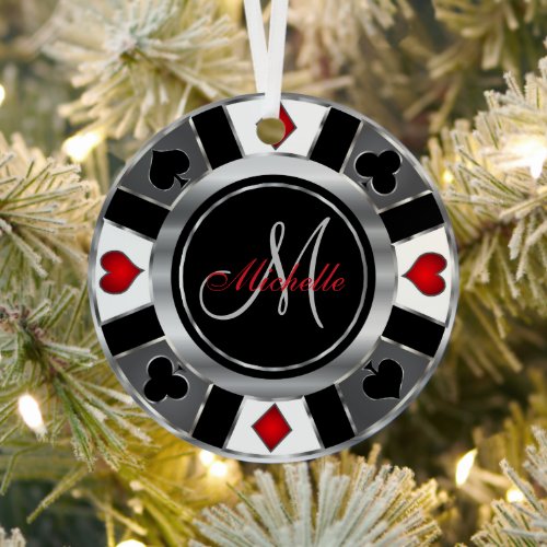 Casino Poker Monogram Chip _ Silver  Metal Ornament