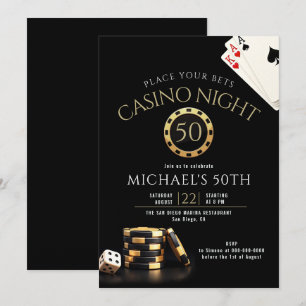 Casino Poker Night Black Gold Men 50th Birthday Invitation