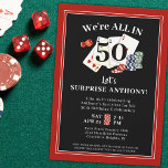 Casino Poker Surprise Birthday Party Invitation<br><div class="desc">Go ALL IN with your surprise birthday party with a casino or poker party theme with these editable red and black invitations customized with the age of the honoree and featuring playing cards, dice and poker chips. ASSISTANCE: For help with design modification/personalization, color change, transferring the design to another product...</div>