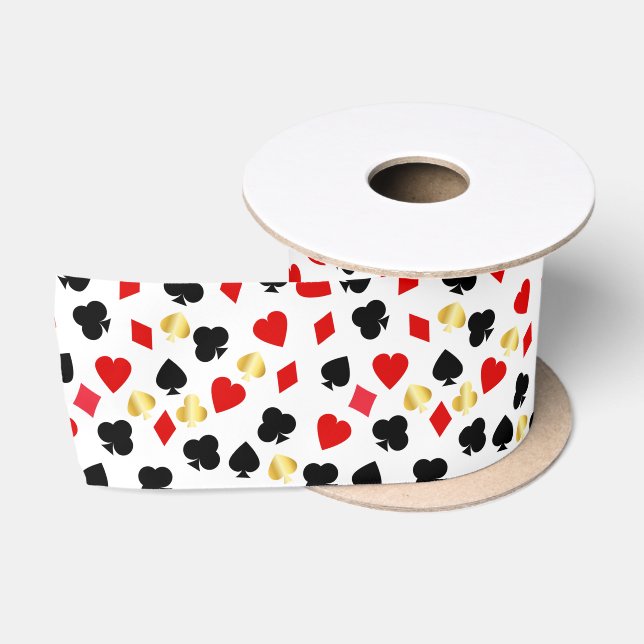 Casino Red, Black and Gold Card Suit Gambling   Satin Ribbon (Spool)