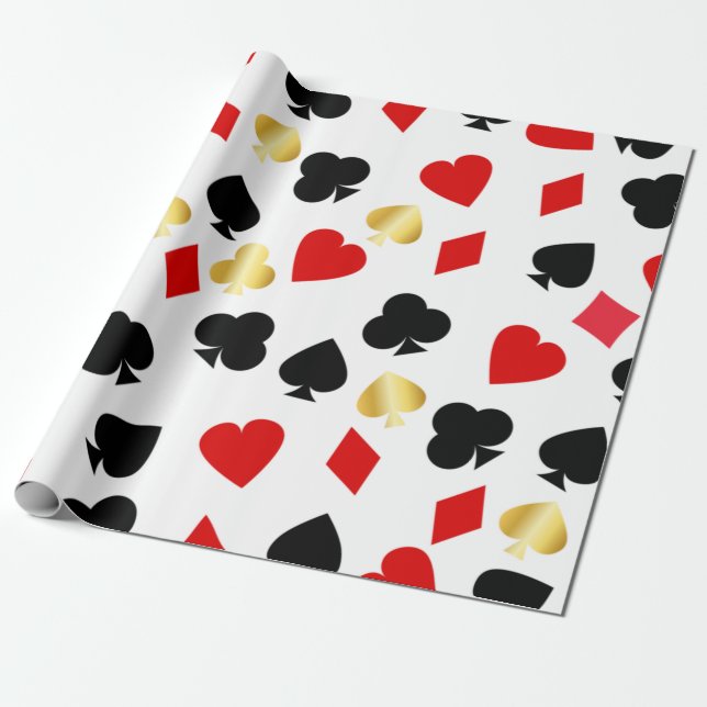 Casino Red, Black and Gold Card Suit Gambling  Wrapping Paper (Unrolled)