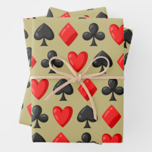 Casino Red, Black and Gold Card Suit Gambling Wrapping Paper Sheets
