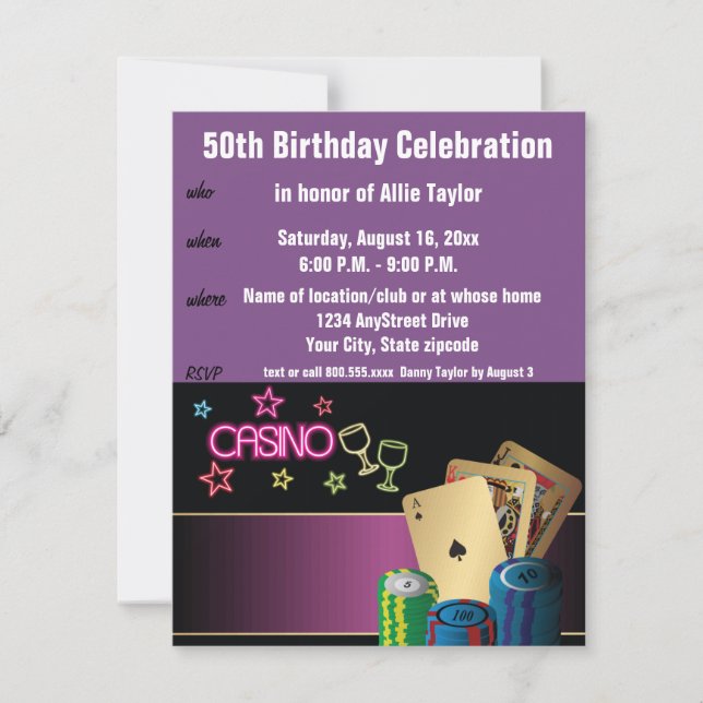 Casino Theme 50th Birthday Celebration purple Invitation (Front)