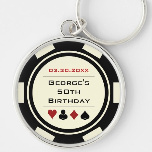 Casino Theme Black White Poker Chip Birthday Keychain