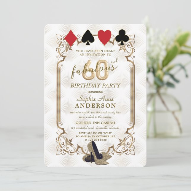 Casino Vegas Art Deco 60 and Fabulous Birthday  Invitation (Standing Front)