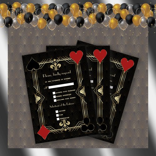 Casino Vegas Gold Black Art Deco 20s Wedding RSVP Card