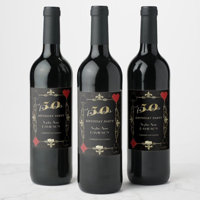 Casino Vegas Poker 50 and Fabulous Birthday Party  Wine Label (Bottles)