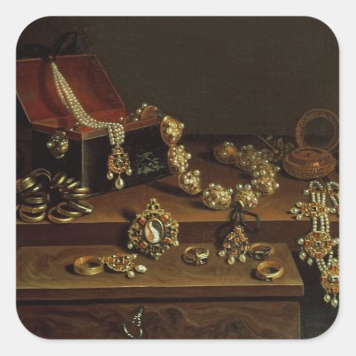 Casket of jewels on a table square sticker