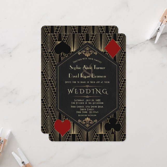 Casono Roaring 20s Great Gatsby Art Deco Wedding Invitation (Front/Back In Situ)