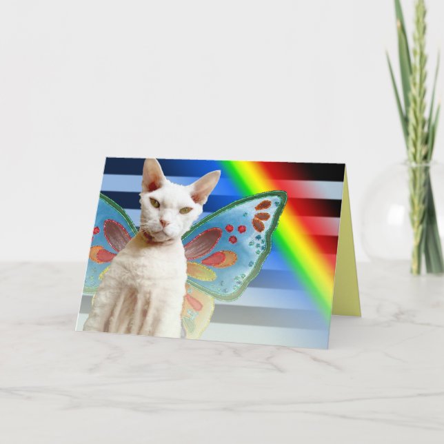 Casper Rainbow fairy | Devon Rex Cat Birthday Card (Front)