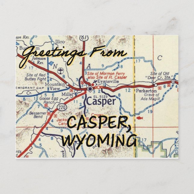 Casper Wyoming Vintage Map Postcard (Front)