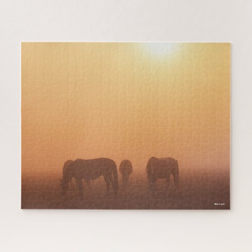 Caspian Ponies Grazing In Mist Sunrise Jigsaw Puzzle