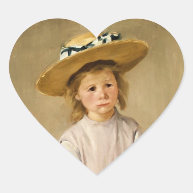 Cassatt Child in Straw Hat Heart Sticker (Front)
