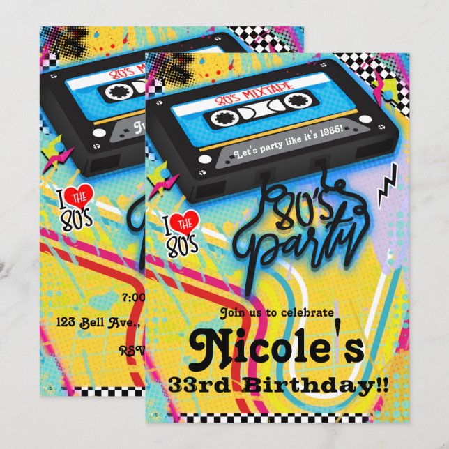 Cassette Tape 80's 1980's Theme Birthday Party Invitation (Front/Back)
