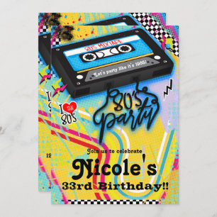Cassette Tape 80's 1980's Theme Birthday Party Invitation