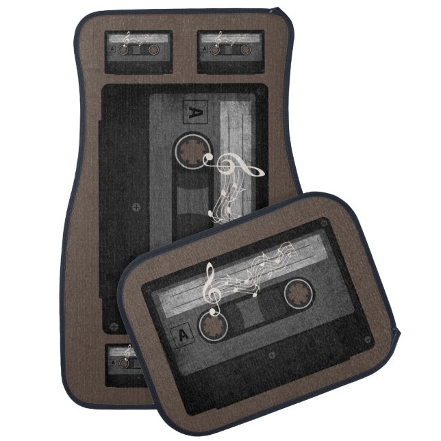 CASSETTE TAPE BLACK AND WHITE CAR FLOOR MAT (Set)