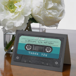 Cassette Tape Blue Retro Birthday Party Letterpress Thank You Card