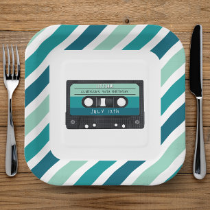 Cassette Tape Blue Retro Birthday Party Paper Plates