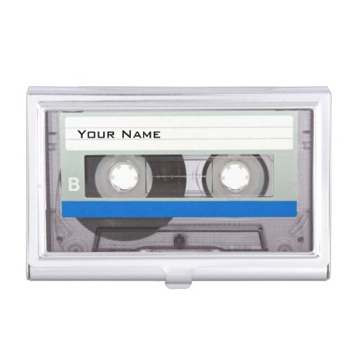 Personalized Blue Label Cassette Tape All-Metal Construction Business Card Holder