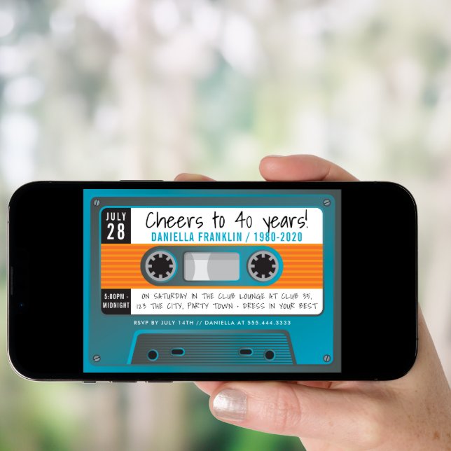 CASSETTE TAPE modern disco birthday aqua blue gray Invitation (Front Digital)