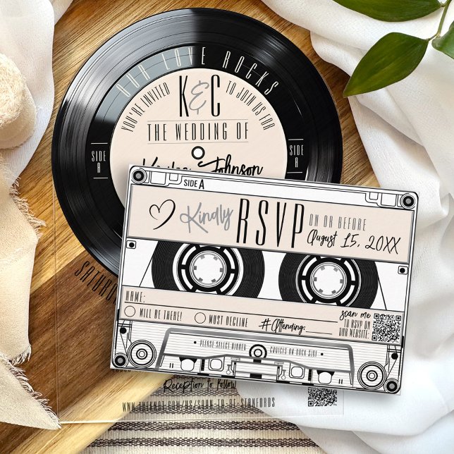 Cassette Tape Record Ivory Wedding Invitation RSVP (Unique retro black and ivory vinyl record music vintage cassette tape RSVP card wedding invitation)