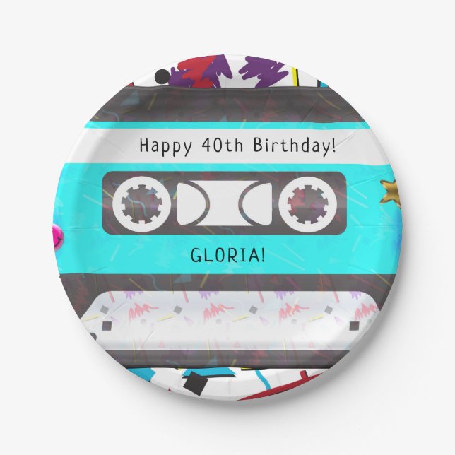 Cassette Tape Retro 80's 90's Theme Birthday Party Paper Plates (Front)