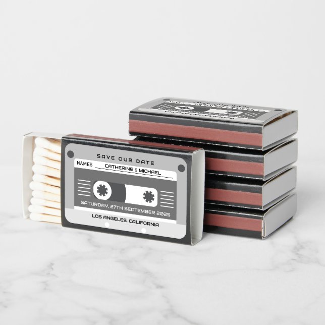Cassette Tape Retro Music Wedding Save The Date Matchboxes (Stacked)